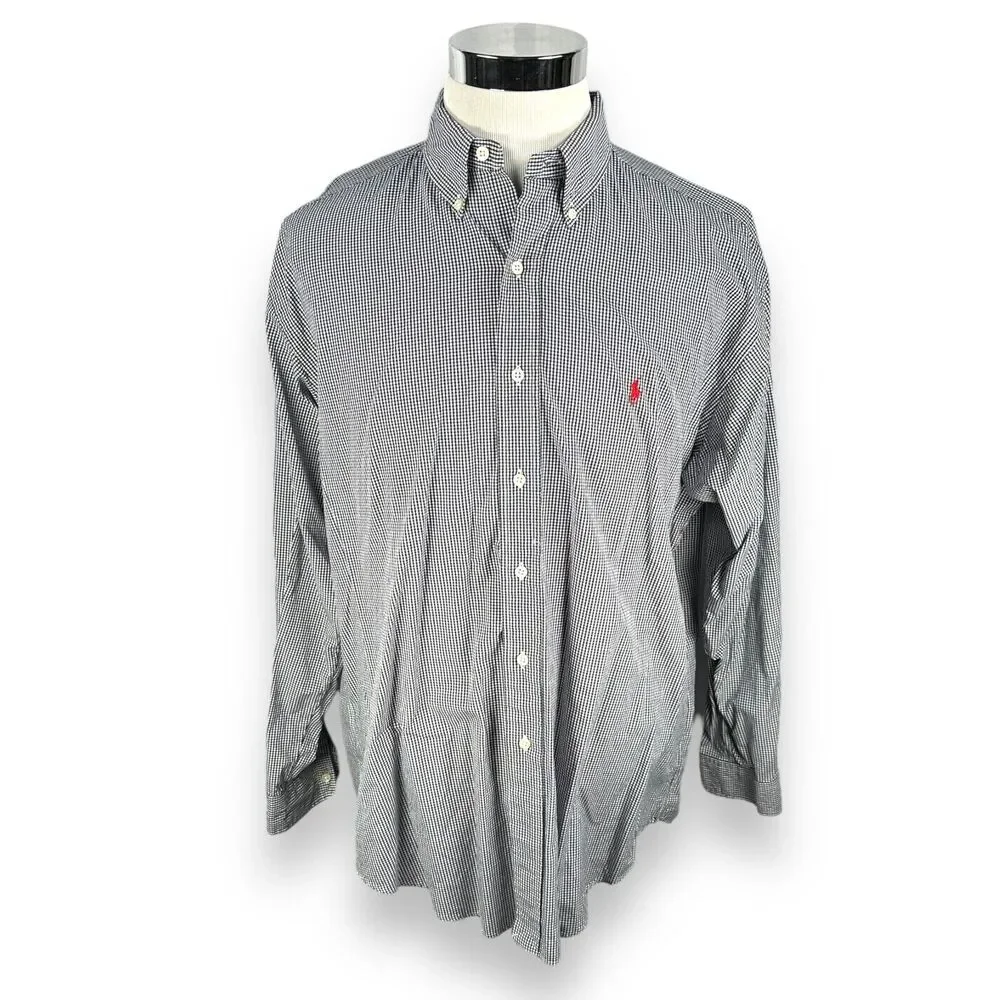 Polo Ralph Lauren Shirt Men's Large Navy Blue‎ Micro Gingham Button Blake Cotton